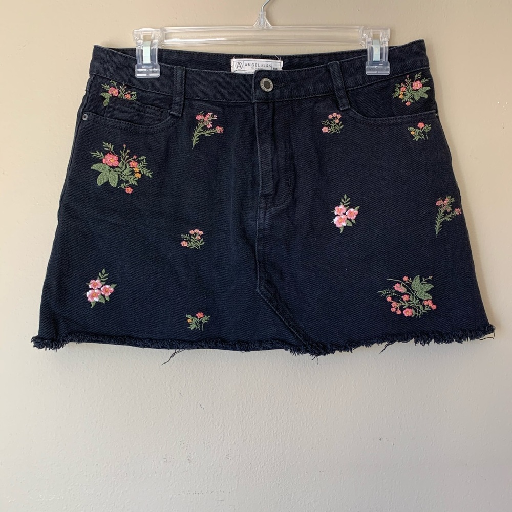Black Denim Skirt Floral Embroidery Angel Kiss